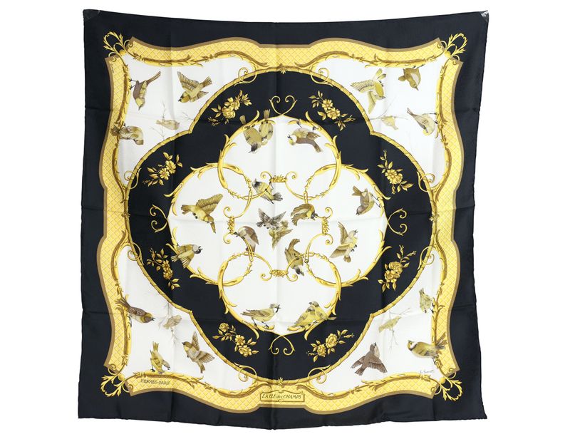 Hermes La Cle des Champs Scarf 90, Black and Gold Silk Twill, Preowned No Dustbag WA001