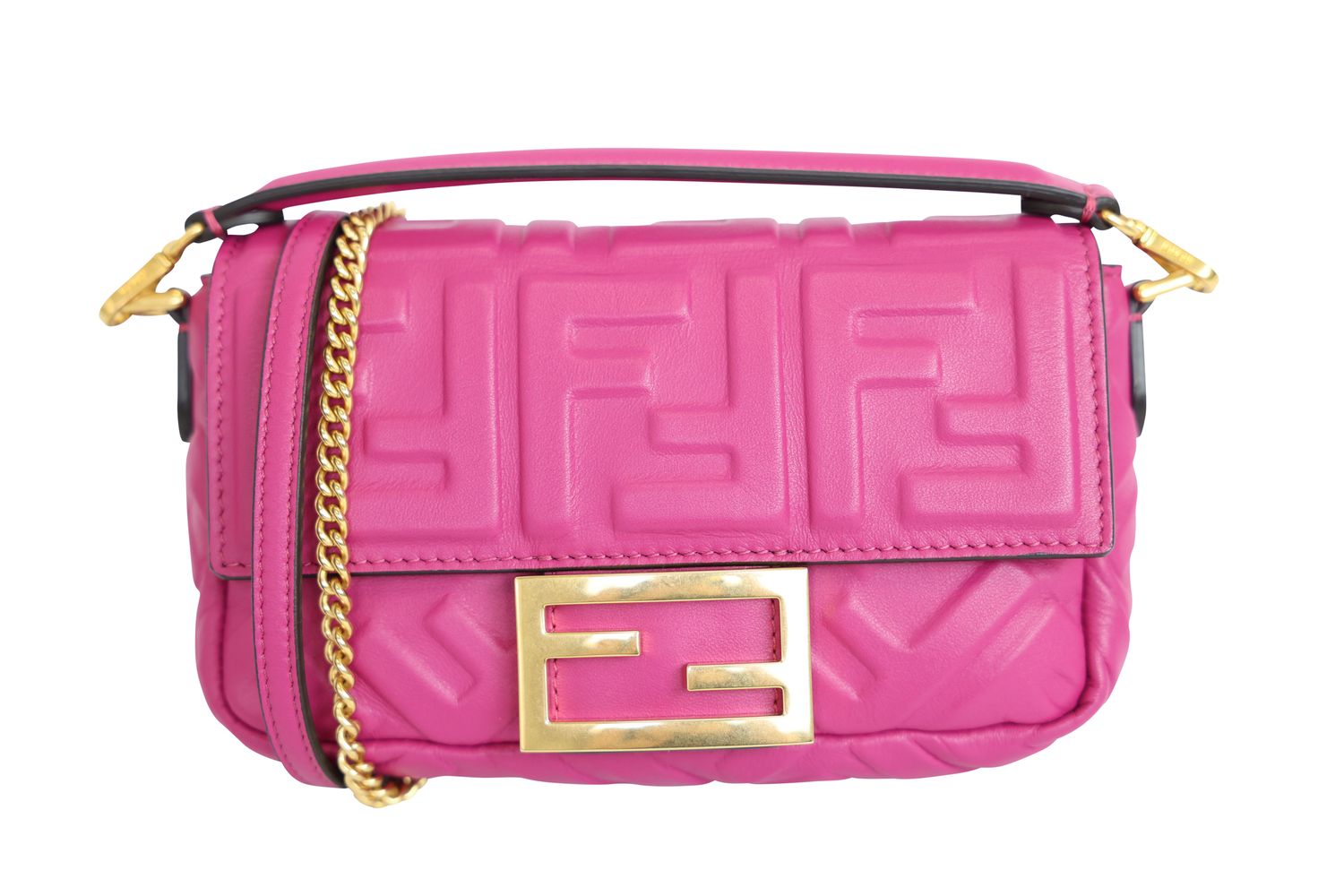 Fendi Baguette Mini Bag, Fuchsia Pink FF Nappa Leather and Gold Hardware, Preowned No Dustbag WA001