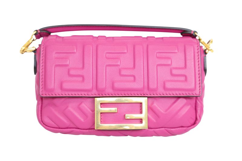 Fendi Baguette Mini Bag, Fuchsia Pink FF Nappa Leather and Gold Hardware, Preowned No Dustbag WA001