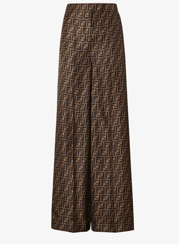 Fendi Wide Leg Trouser, Brown FF monogram Silk, Size US2, New No Dustbag WA001
