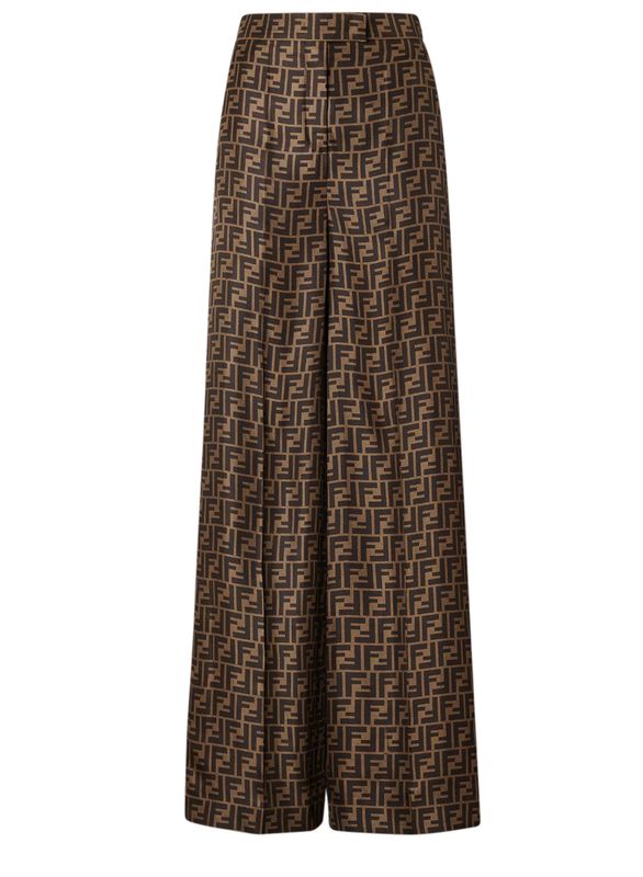 Fendi Wide Leg Trouser, Brown FF monogram Silk, Size US2, New No Dustbag WA001