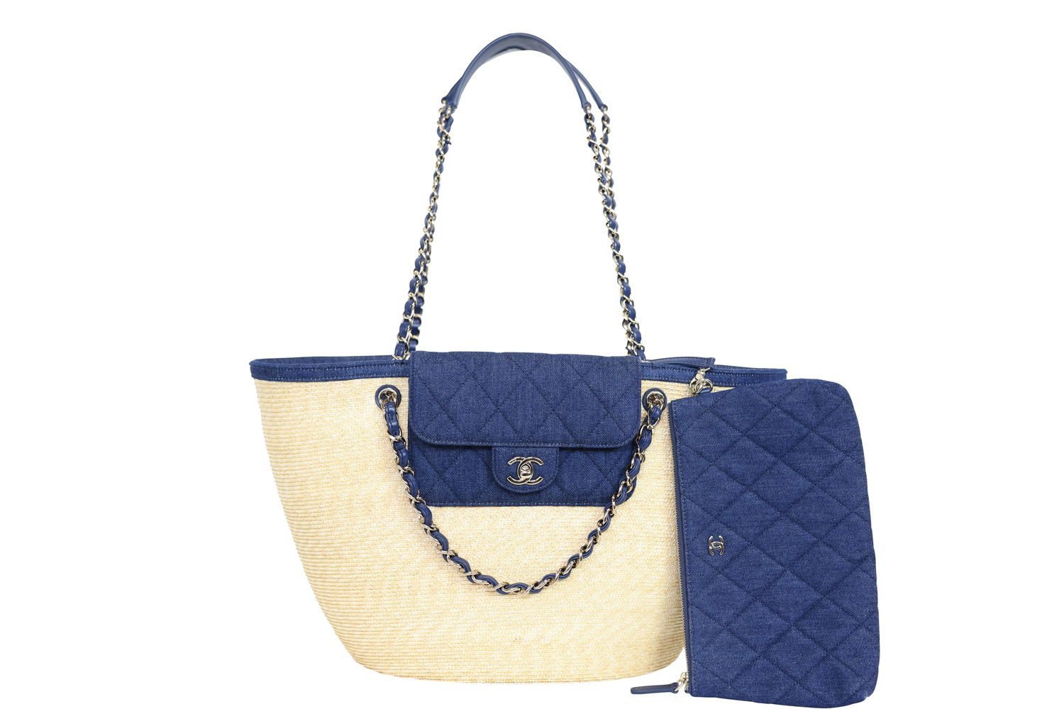 Chanel Coco Beach Large Shopping Bag, Natural Straw Canvas and Blue Denim with Gold Hardware, New in Box WA001