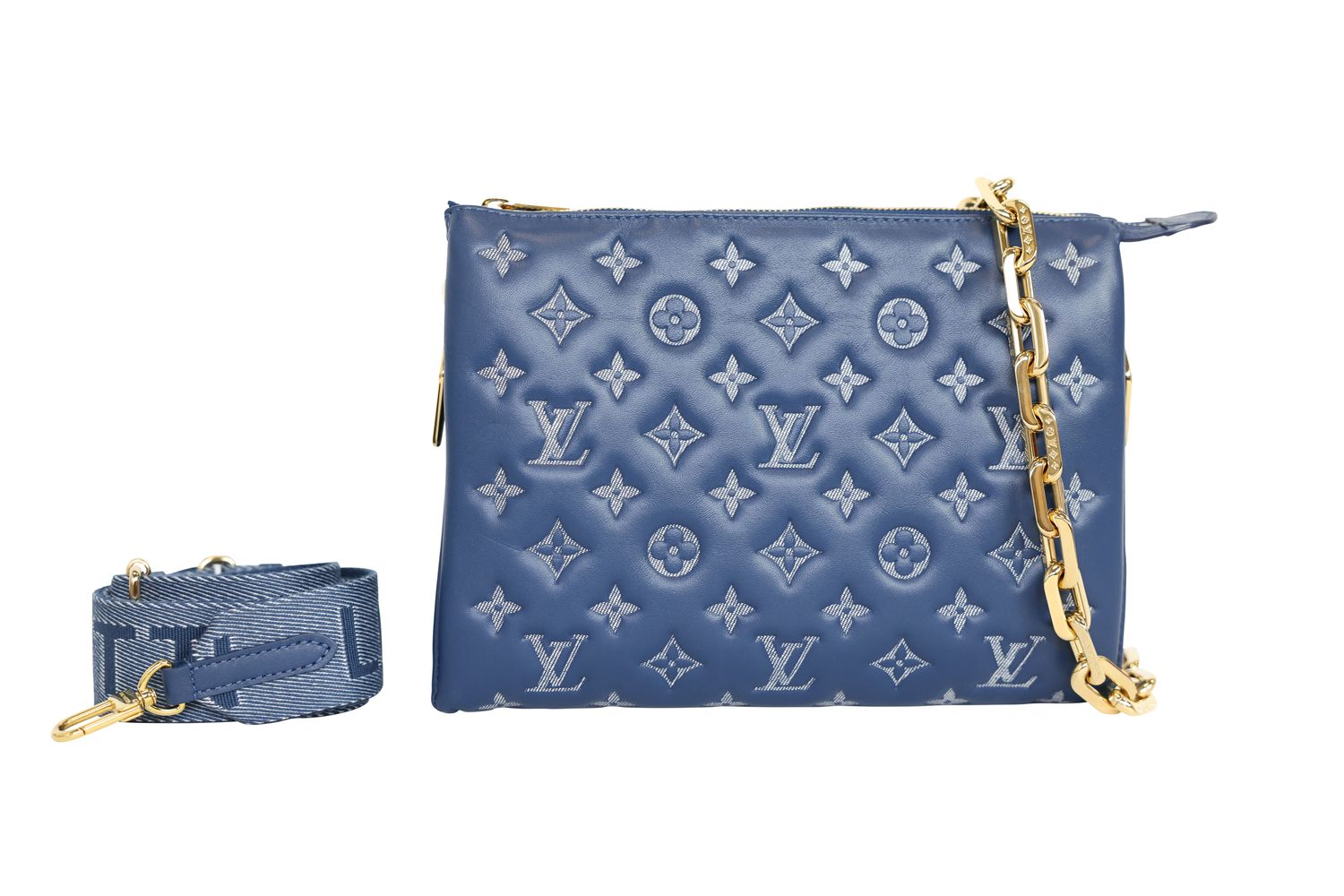 Louis Vuitton Coussin PM Bag, Metallic Blue Monogram Leather and Gold Hardware, Preowned in Dustbag WA001