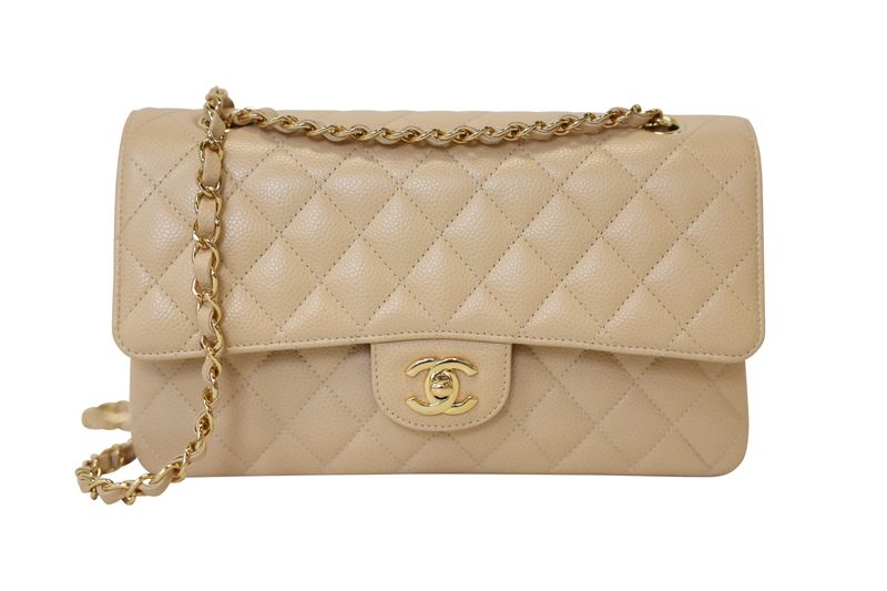 Chanel Classic Medium Bag, Beige Quilted Caviar and Gold Hardware, Preowned in Box WA001 Chanel Classic Medium Bag, Beige Quilted Caviar and Gold Hardware, Preowned in Box WA001