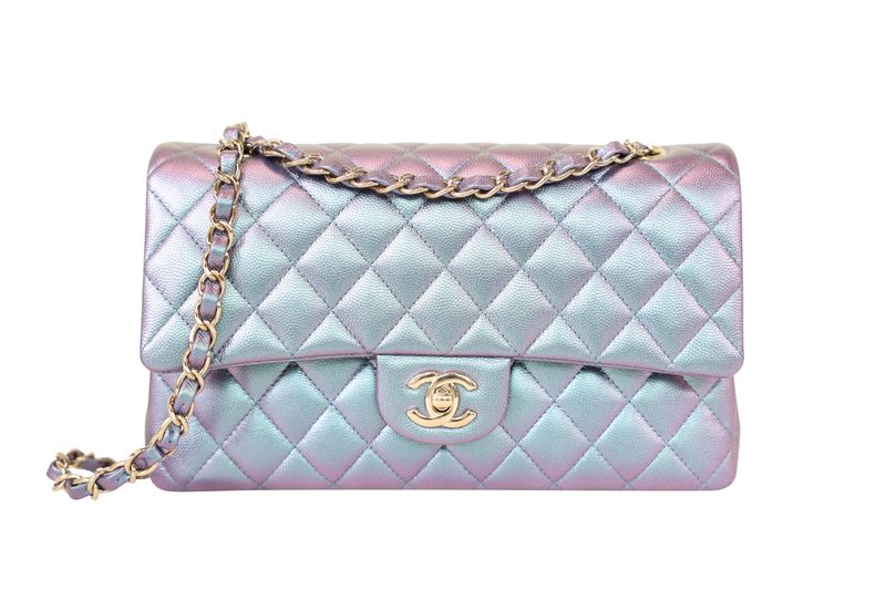 Chanel Classic Medium Bag, Blue Purple Iridescent Quilted Caviar and Gold Hardware, Preowned in Box WA001