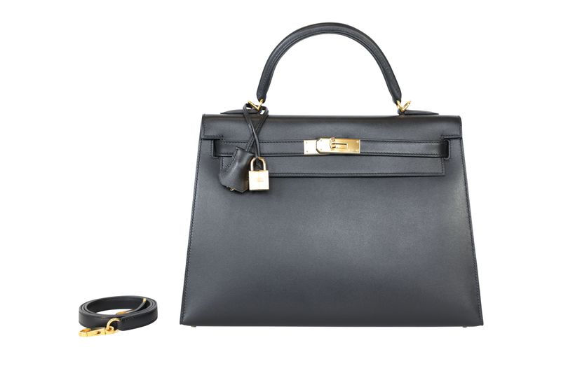 Hermes Kelly 32 Handbag, Black Tadelakt Leather and Gold Hardware, U 2022 Stamp, Preowned in Box WA001