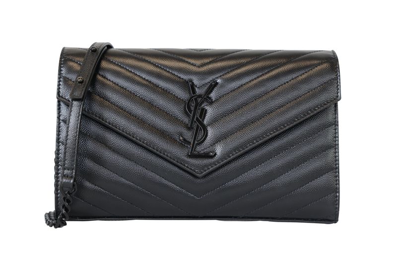 Saint Laurent Cassandre Envelope Chain Wallet Bag, Black Chevron Leather and Black Hardware, Preowned in Dustbag WA001