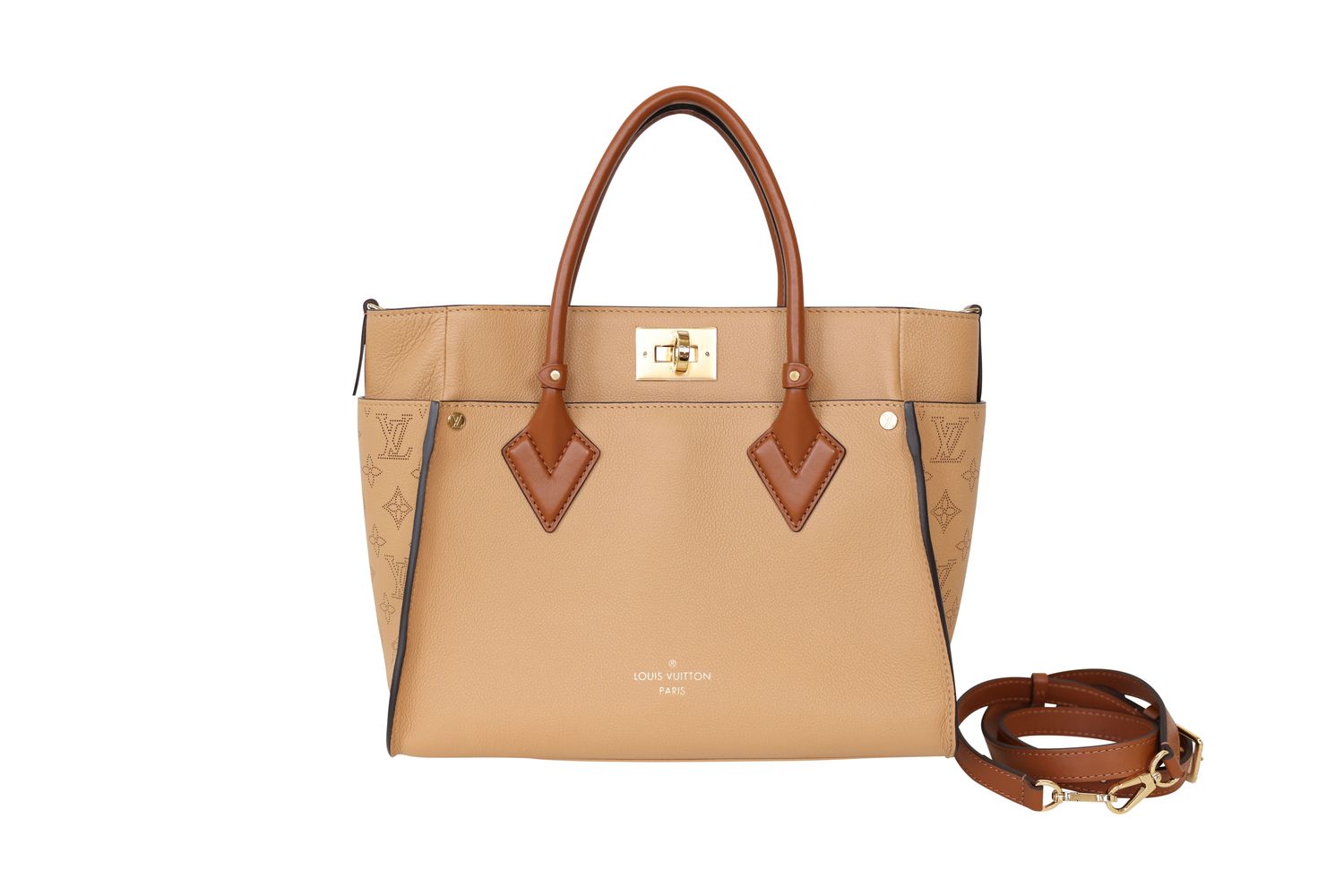 Louis Vuitton On My Side MM, Arizona Mahina Beige Calf Leather and Gold Hardware, Preowned in Dustbag WA001