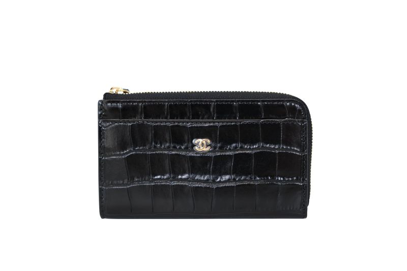 Chanel Zip Card Holder, Black Crocodile Embossed Calfskin and Gold Hardware, New in Box WA001 Chanel Zip Card Holder, Black Crocodile Embossed Calfskin and Gold Hardware, New in Box WA001