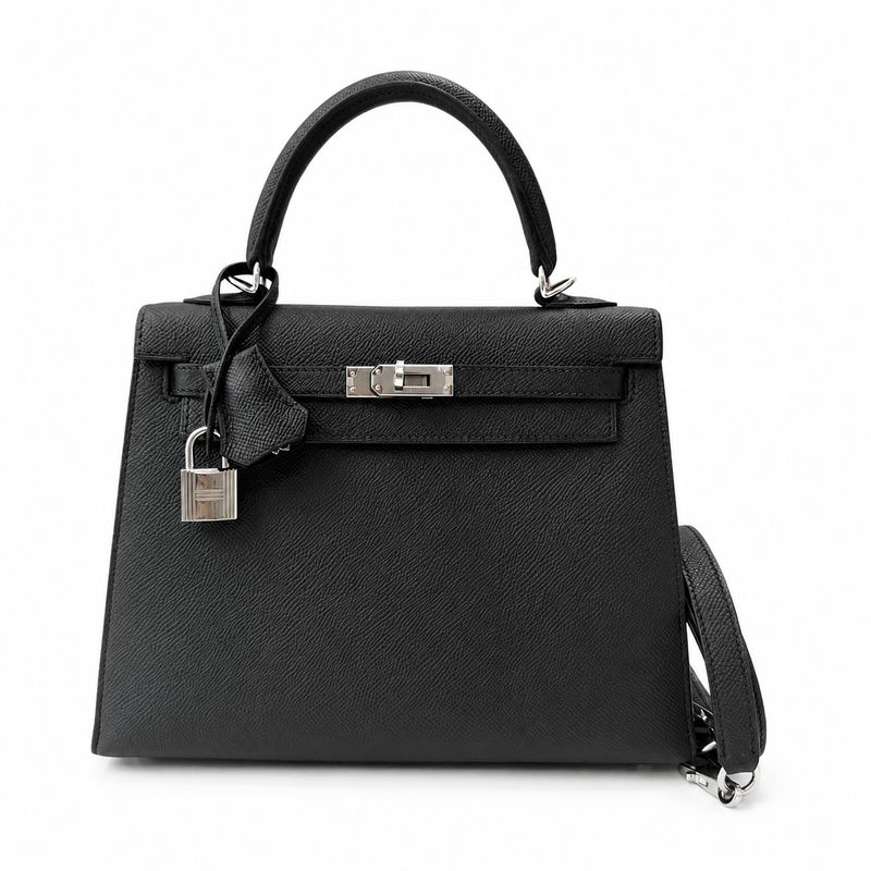Hermes Kelly 25, Black Sellier Leather, Palladium Hardware, Stamp X, Preowned in Box MA001 Hermes Kelly 25, Black Sellier Leather, Palladium Hardware, Stamp X, Preowned in Box MA001