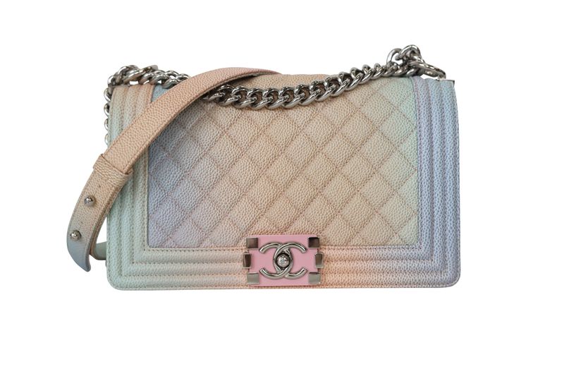 Chanel Boy Old Medium Bag, Pastel Rainbow Multicolor Caviar Leather and Silver Hardware, Preowned in Dustbag WA001 Chanel Boy Old Medium Bag, Pastel Rainbow Multicolor Caviar Leather and Silver Hardware, Preowned in Dustbag WA001