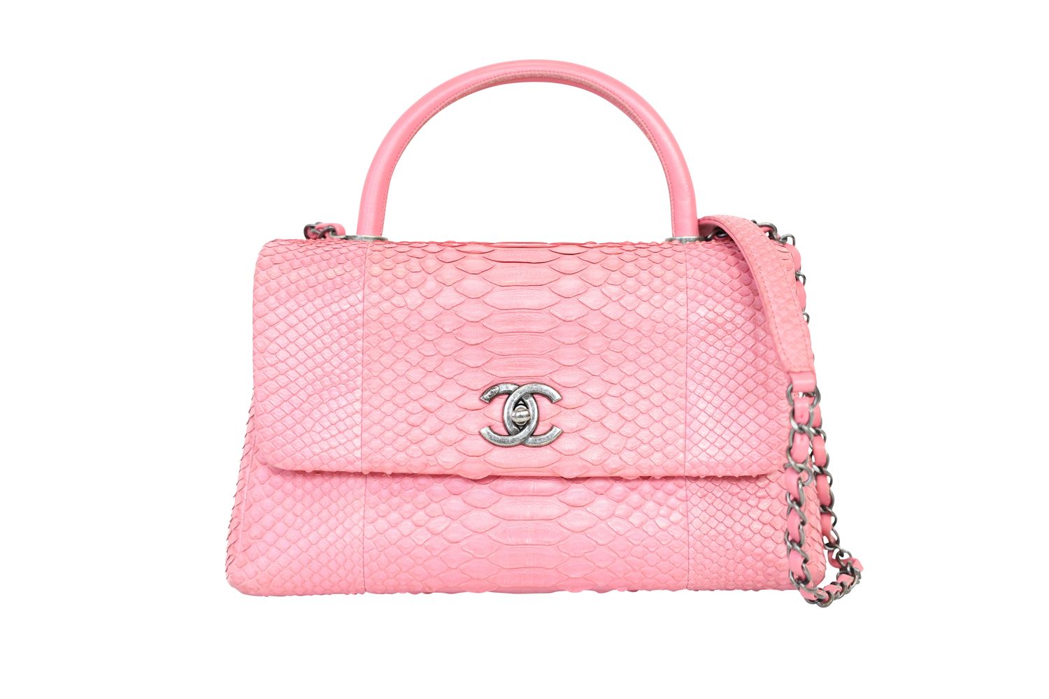 Chanel Coco Handle Small Handbag, Pink Python and Ruthenium Hardware, Preowned in Box WA001