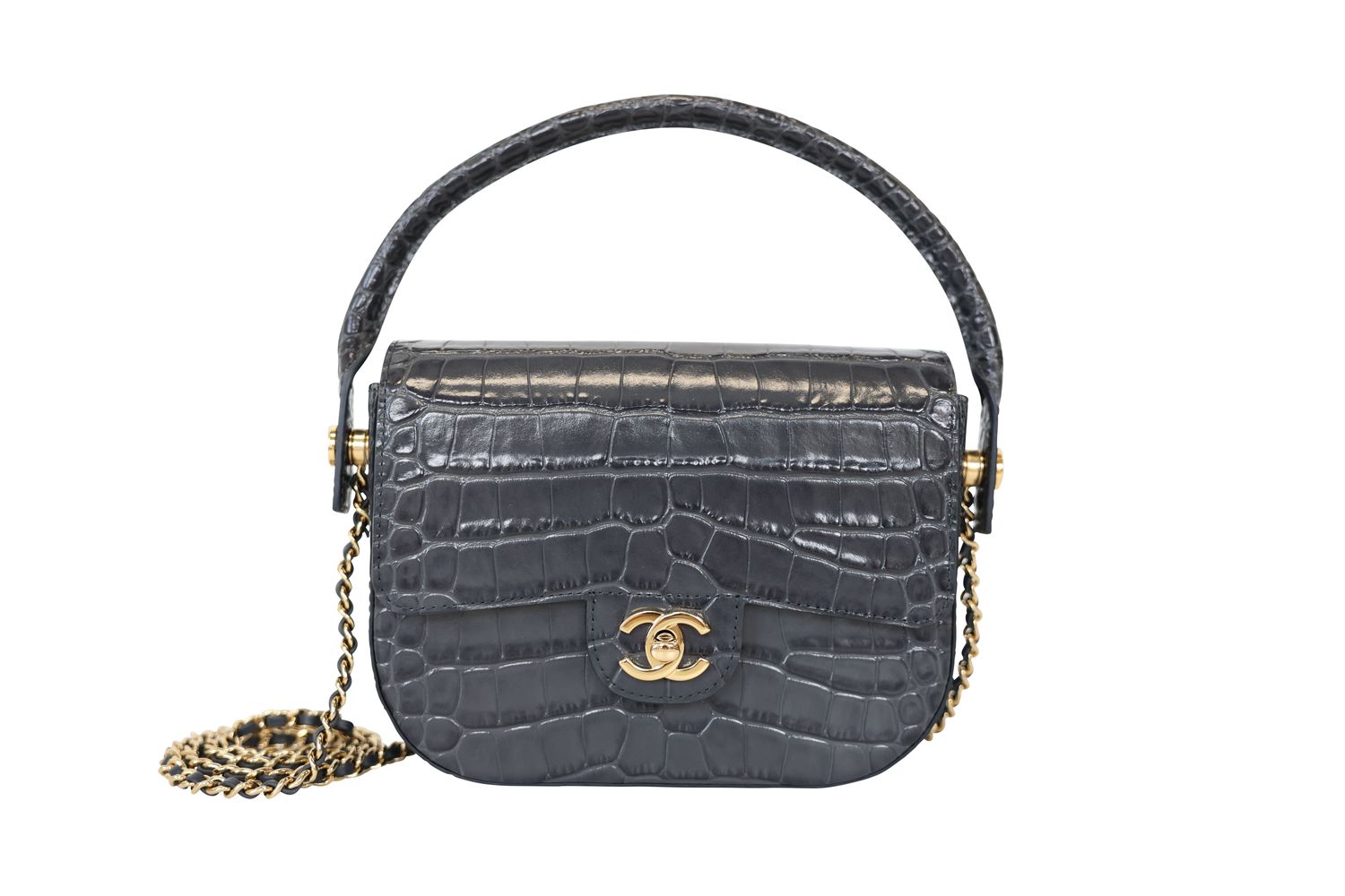 Chanel Flap with Top Handle Mini Bag, Gray Shiny Croc Embossed Calfskin and Gold Hardware, New in Box WA001