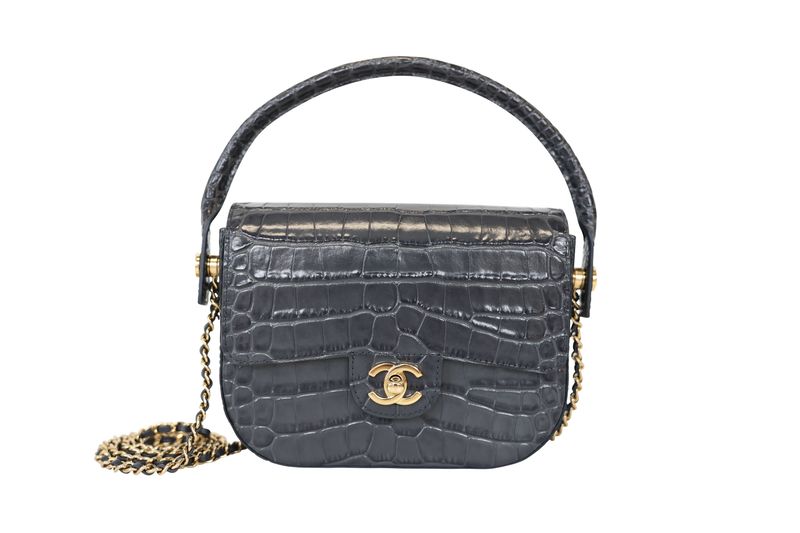 Chanel Flap with Top Handle Mini Bag, Gray Shiny Croc Embossed Calfskin and Gold Hardware, New in Box WA001 Chanel Flap with Top Handle Mini Bag, Gray Shiny Croc Embossed Calfskin and Gold Hardware, New in Box WA001
