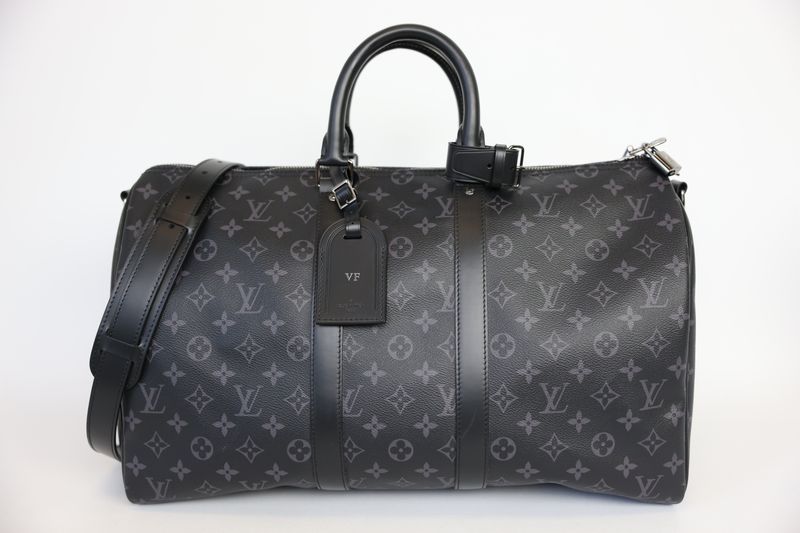 Louis Vuitton Keepall Bandouliere 45 Bag, Black Monogram Eclipse Canvas and Silver Hardware, Preowned in Dustbag WA001 Louis Vuitton Keepall Bandouliere 45 Bag, Black Monogram Eclipse Canvas and Silver Hardware, Preowned in Dustbag WA001