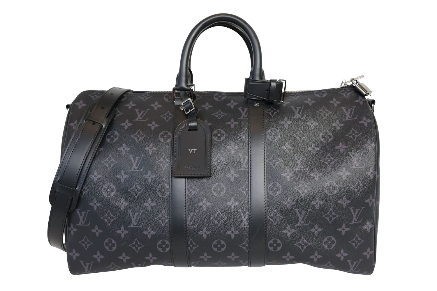 Louis Vuitton Keepall Bandouliere 45 Bag, Black Monogram Eclipse Canvas and Silver Hardware, Preowned in Dustbag WA001