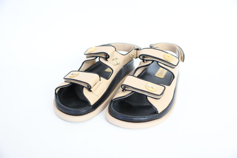 Chanel Dad Sandals, Beige Leather and Gold Hardware, Size 39, New in Box WA001 Chanel Dad Sandals, Beige Leather and Gold Hardware, Size 39, New in Box WA001