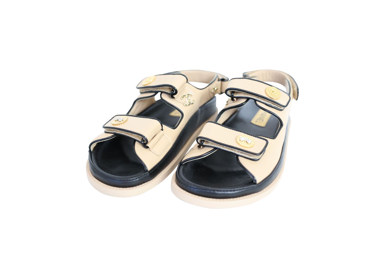 Chanel Dad Sandals, Beige Leather and Gold Hardware, Size 39, New in Box WA001