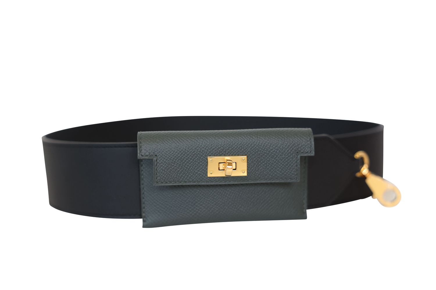 Hermes Kelly Pocket 50 mm Bag Strap, Black Noir Swift and  Green Vert Mangrove Epsom Leather with Gold Hardware, K 2025 Stamp, New in Box WA001