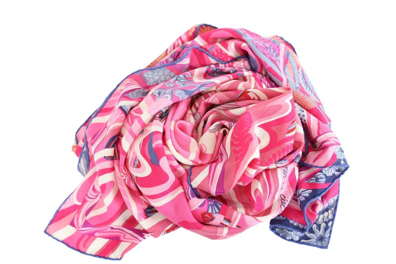 Hermes "De La Mer Au Ciel" 140 Shawl Scarf, Pink From the Sea to the Sky, Cashmere and Silk, Preowned WA001