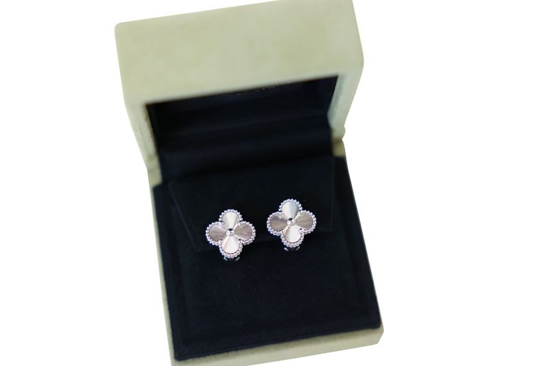 Van Cleef & Arpels Guilloché Vintage Alhambra Earrings, 18k White Gold, Preowned in Box WA001 Van Cleef & Arpels Guilloché Vintage Alhambra Earrings, 18k White Gold, Preowned in Box WA001