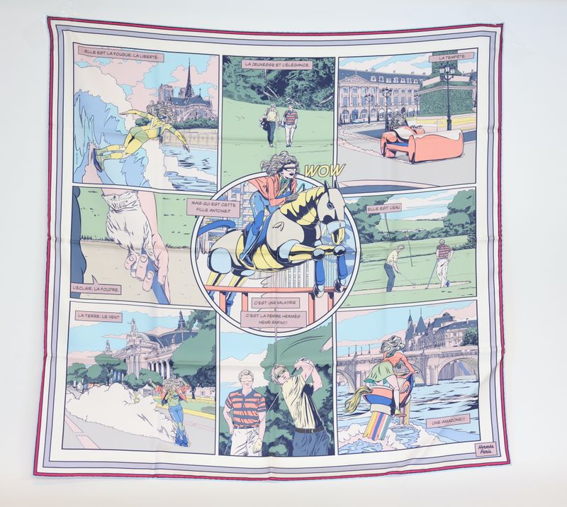 Hermes Wow Double Face Scarf 90, White Green Pink Silk, New in Box WA001 Hermes Wow Double Face Scarf 90, White Green Pink Silk, New in Box WA001