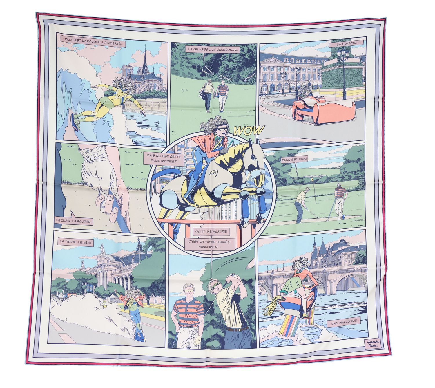 Hermes Wow Double Face Scarf 90, White Green Pink Silk, New in Box WA001