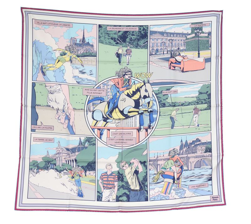 Hermes Wow Double Face Scarf 90, White Green Pink Silk, New in Box WA001 Hermes Wow Double Face Scarf 90, White Green Pink Silk, New in Box WA001