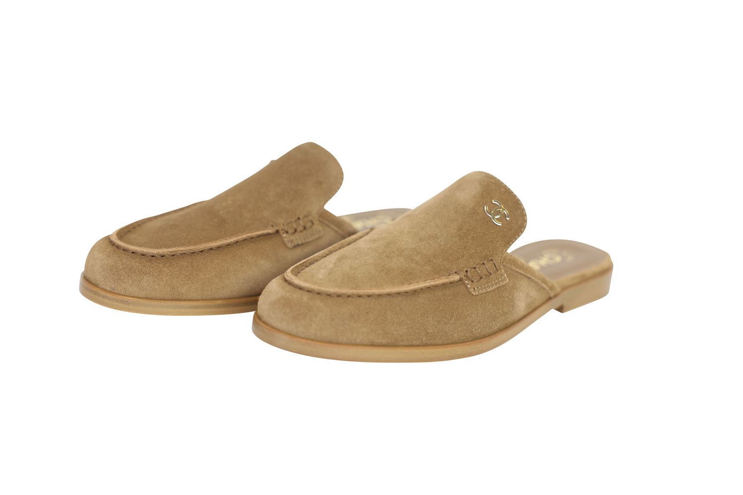Chanel CC Mules, Dark Beige Suede Calfskin, Size 37.5, New in Box WA001
