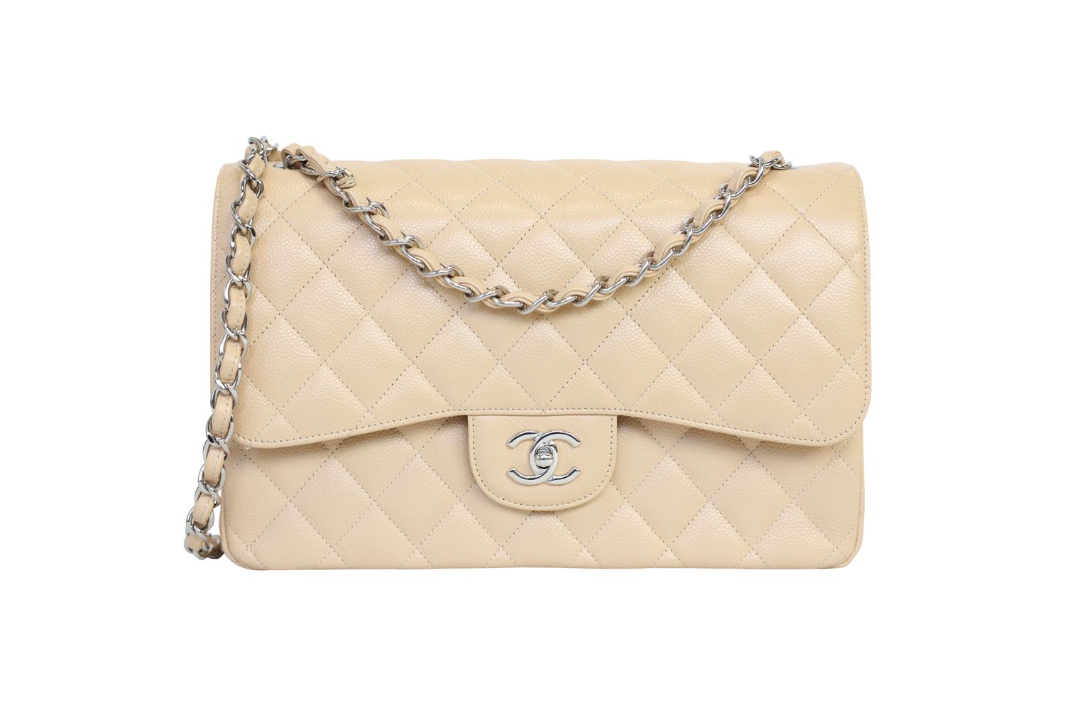 Chanel Classic Jumbo Bag, Beige Quilted Caviar Leather and Silver Hardware, Preowned No Dustbag WA001