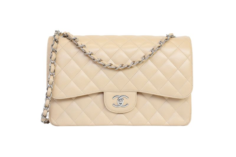 Chanel Classic Jumbo Bag, Beige Quilted Caviar Leather and Silver Hardware, Preowned No Dustbag WA001 Chanel Classic Jumbo Bag, Beige Quilted Caviar Leather and Silver Hardware, Preowned No Dustbag WA001