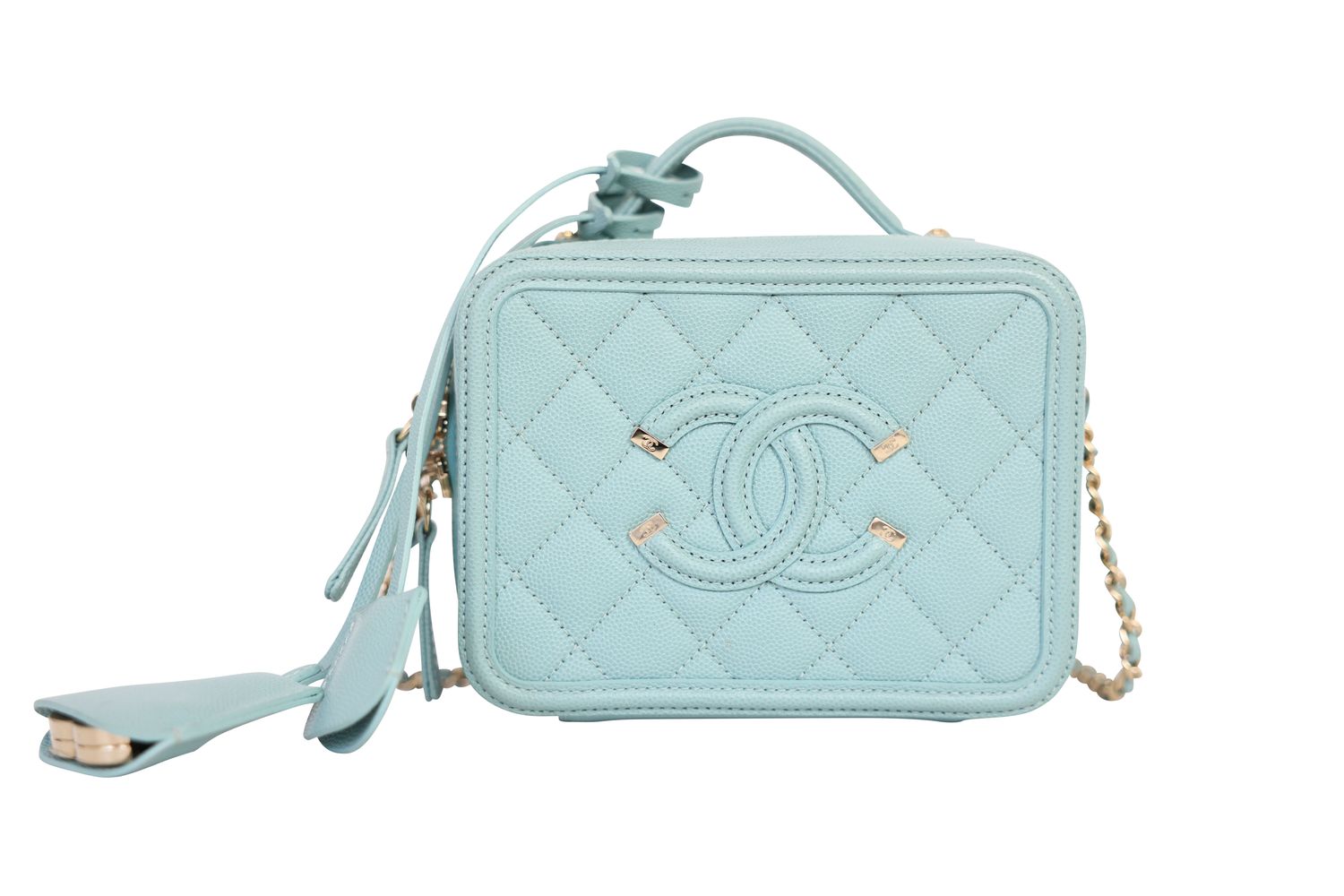Chanel CC Filigree Vanity Case Small Bag, Light Blue Caviar Leather and Gold Hardware, Preowned in Dustbag WA001