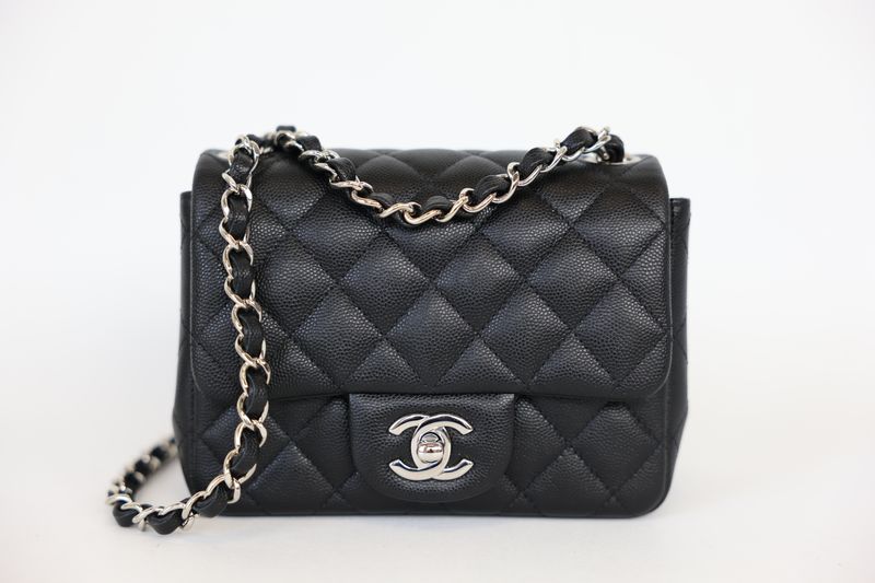Chanel Classic Square Mini Bag, Black Quilted Caviar Leather and Silver Hardware, Preowned in Dustbag WA001 Chanel Classic Square Mini Bag, Black Quilted Caviar Leather and Silver Hardware, Preowned in Dustbag WA001