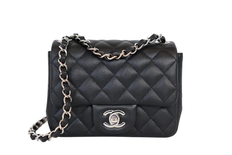 Chanel Classic Square Mini Bag, Black Quilted Caviar Leather and Silver Hardware, Preowned in Dustbag WA001