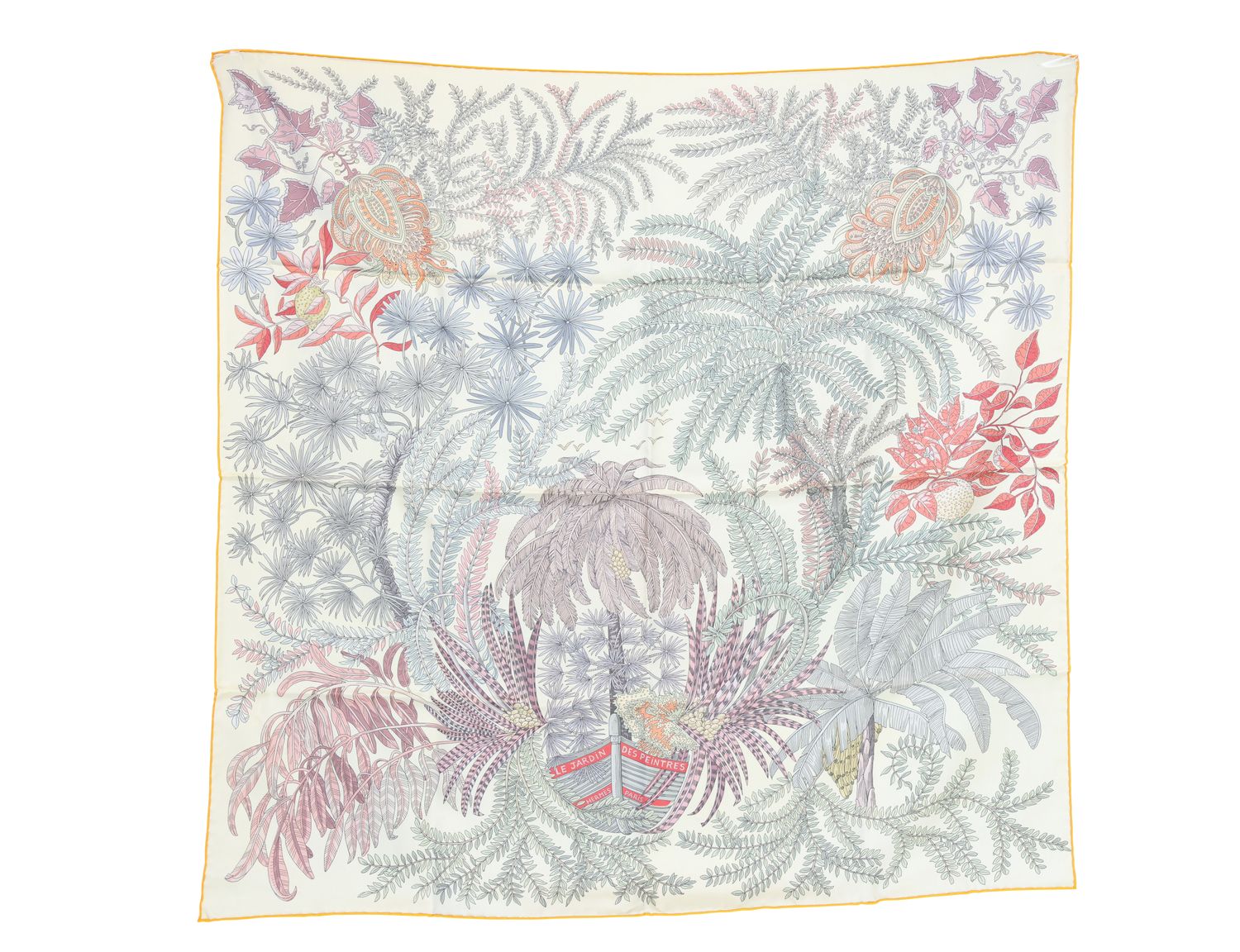 Hermes Le Jardin des Peintres Double Face Scarf 90, Pale Blue Yellow Multicolor Silk, New in Box WA001