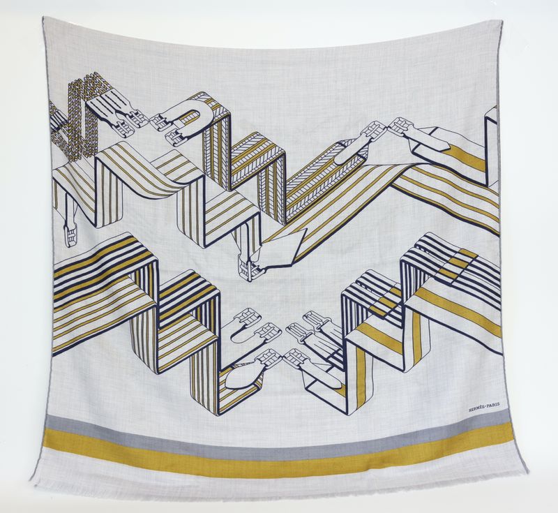 Hermes Sangles En Zigzag Long Scarf, White Black Yellow Cashmere with Silk, New in Box WA001 Hermes Sangles En Zigzag Long Scarf, White Black Yellow Cashmere with Silk, New in Box WA001
