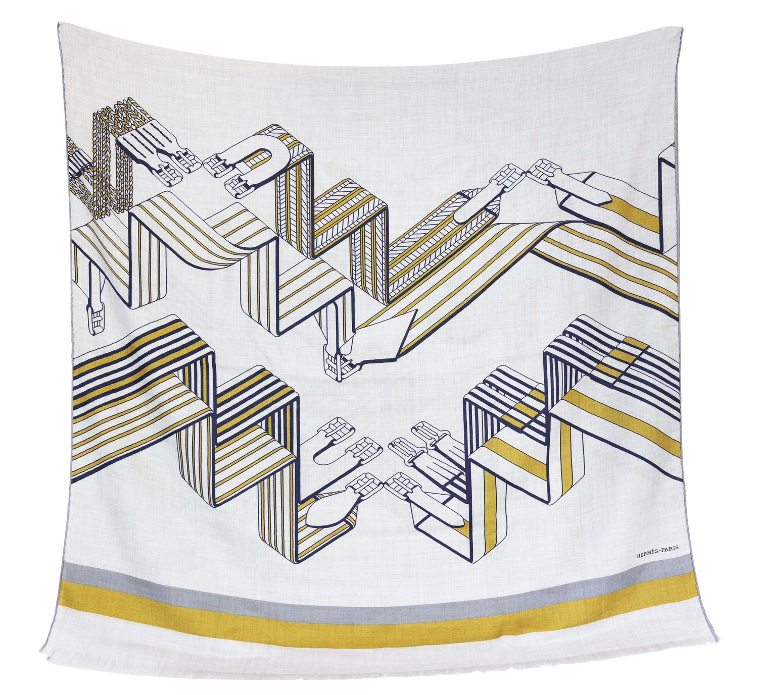 Hermes Sangles En Zigzag Long Scarf, White Black Yellow Cashmere with Silk, New in Box WA001