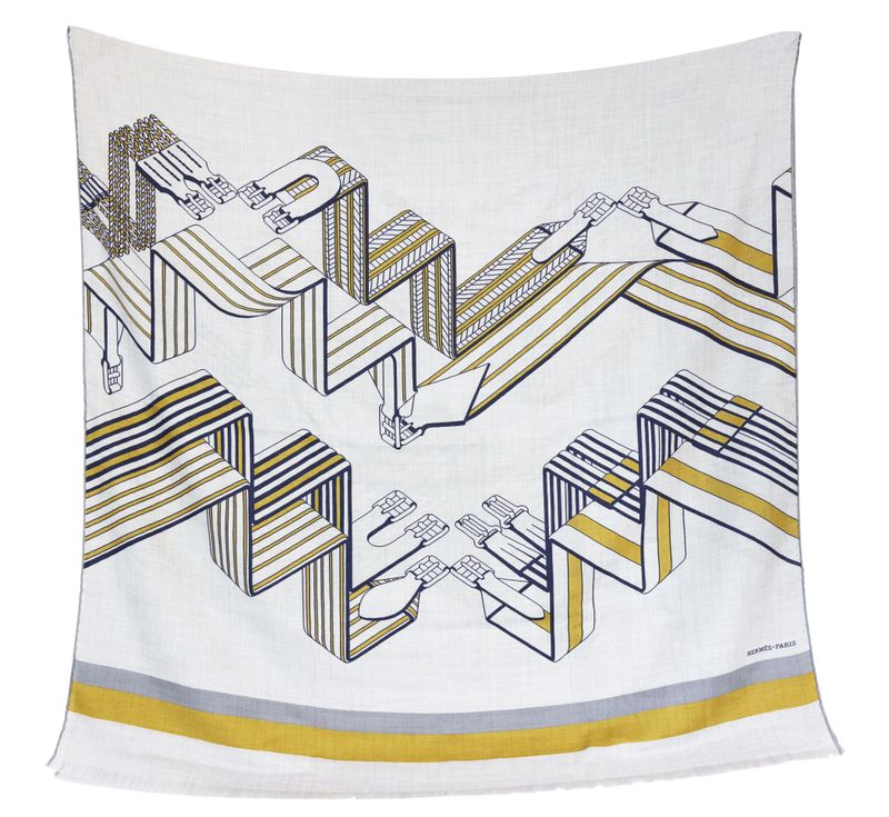 Hermes Sangles En Zigzag Long Scarf, White Black Yellow Cashmere with Silk, New in Box WA001 Hermes Sangles En Zigzag Long Scarf, White Black Yellow Cashmere with Silk, New in Box WA001