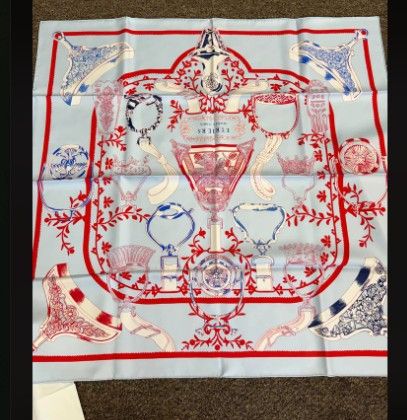 Hermes Etriers Remix by Françoise De La Perriere Scarf 90, Pale Blue and Red Silk, New in Box WA001