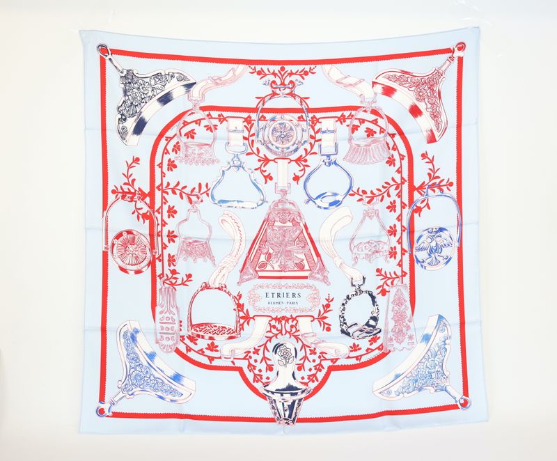 Hermes Etriers Remix by Françoise De La Perriere Scarf 90, Pale Blue and Red Silk, New in Box WA001 Hermes Etriers Remix by Françoise De La Perriere Scarf 90, Pale Blue and Red Silk, New in Box WA001