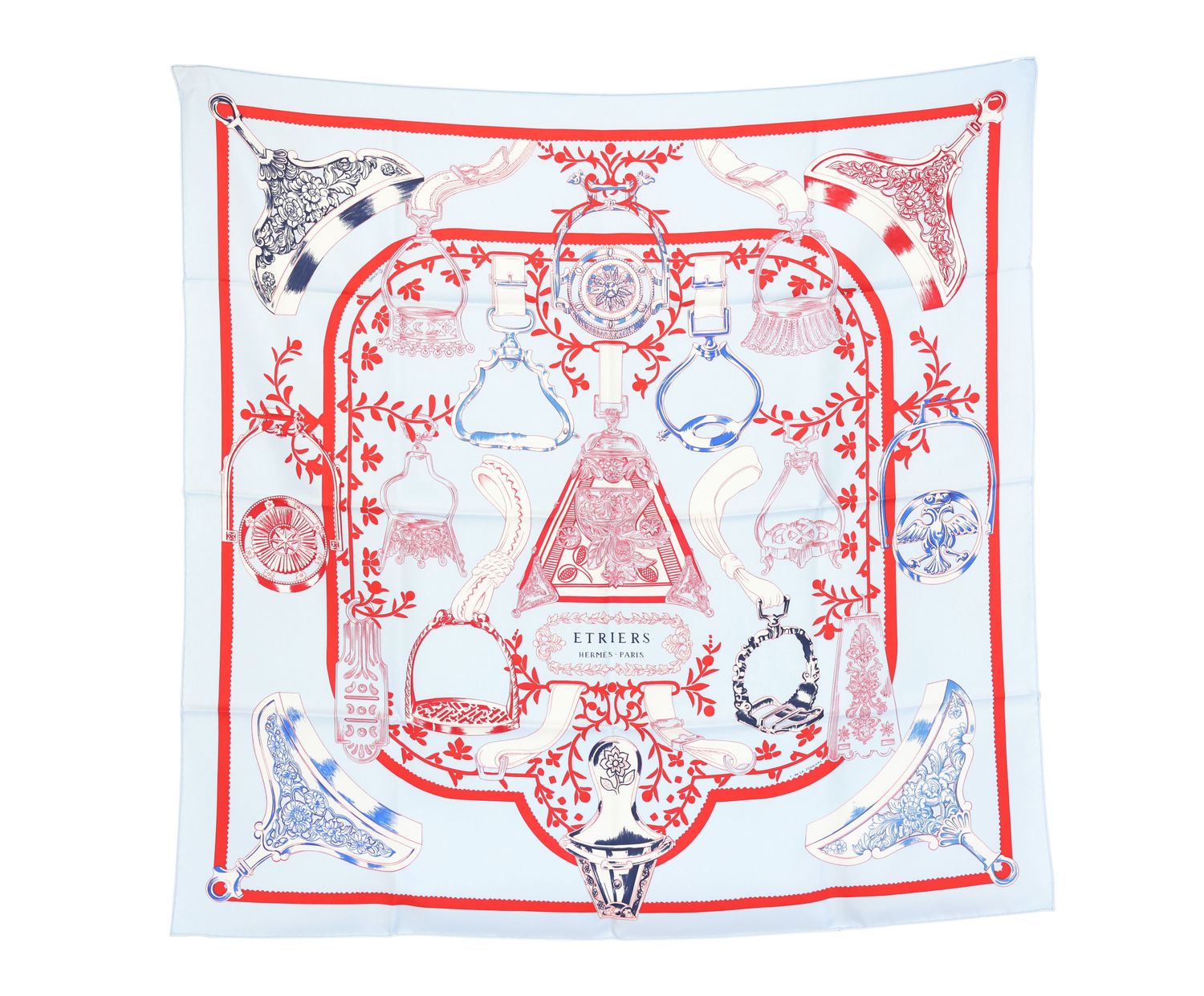 Hermes Etriers Remix by Françoise De La Perriere Scarf 90, Pale Blue and Red Silk, New in Box WA001