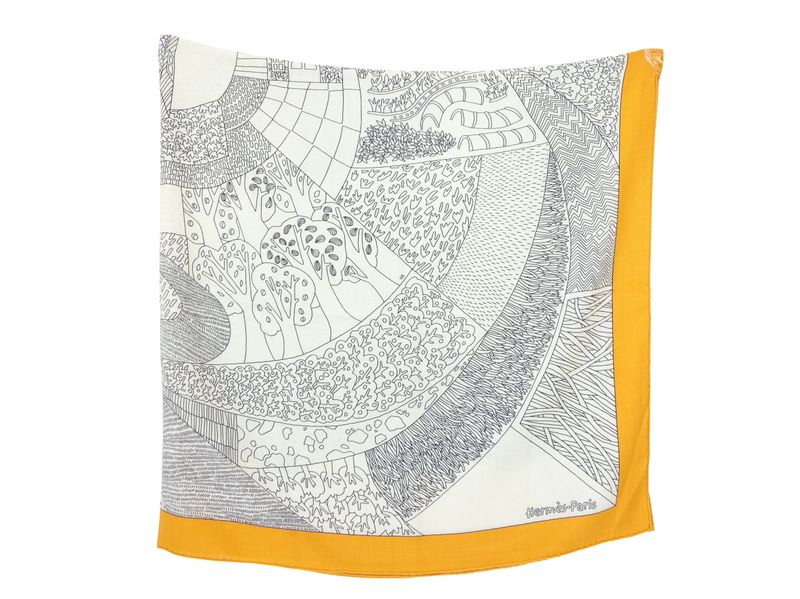Hermes Floral Garden Stole Scarf 140, White Gray Yellow Cashmere with Silk, As New No Dustbag WA001 Hermes Floral Garden Stole Scarf 140, White Gray Yellow Cashmere with Silk, As New No Dustbag WA001