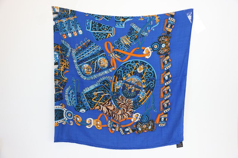 Hermes Sous l'Egide de Mars Stole Scarf 140, Blue and Multicolor Cashmere with Silk, As New No Dustbag WA001 Hermes Sous l'Egide de Mars Stole Scarf 140, Blue and Multicolor Cashmere with Silk, As New No Dustbag WA001