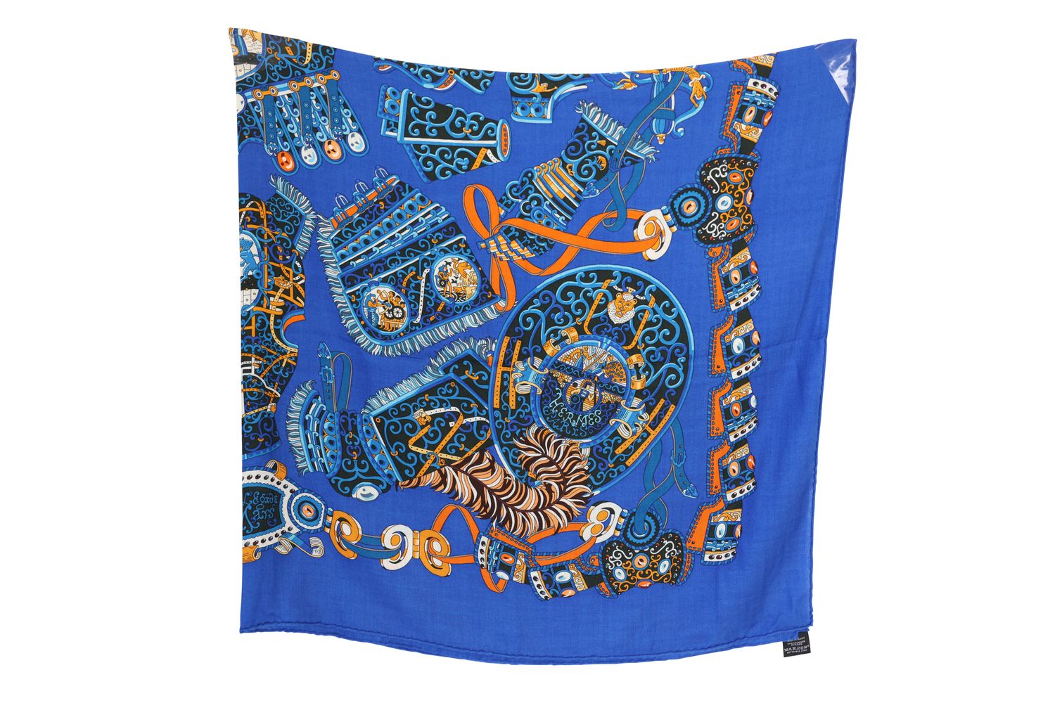 Hermes Sous l'Egide de Mars Stole Scarf 140, Blue and Multicolor Cashmere with Silk, As New No Dustbag WA001