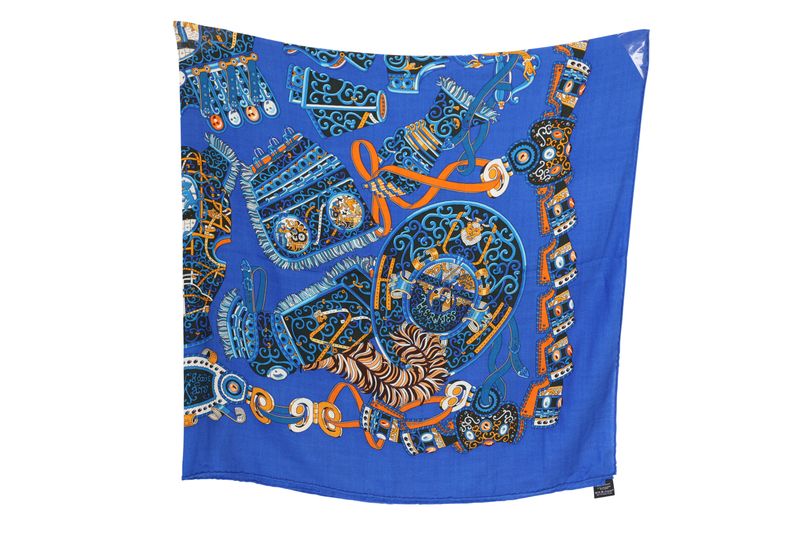 Hermes Sous l'Egide de Mars Stole Scarf 140, Blue and Multicolor Cashmere with Silk, As New No Dustbag WA001 Hermes Sous l'Egide de Mars Stole Scarf 140, Blue and Multicolor Cashmere with Silk, As New No Dustbag WA001