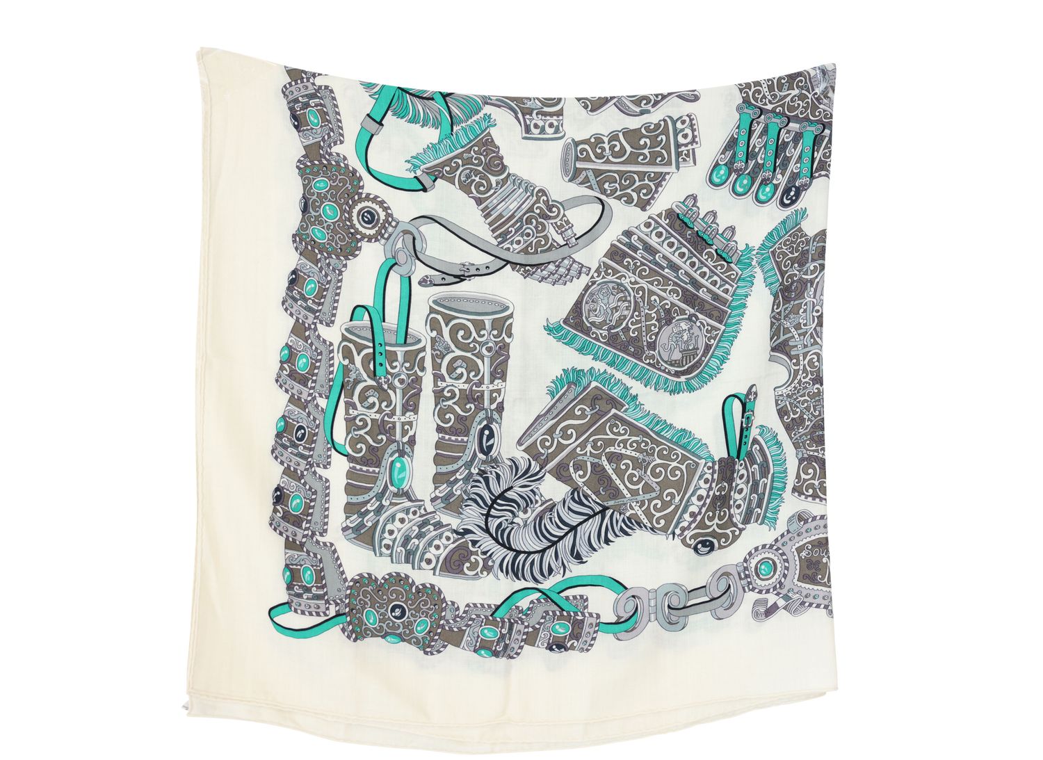 Hermes Sous l'Egide de Mars Stole Scarf 140, White Green Black Cashmere with Silk, As New No Dustbag WA001