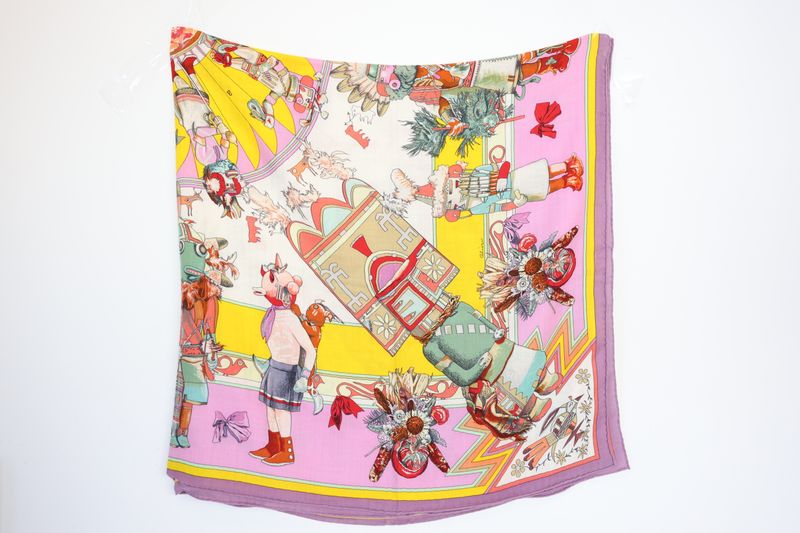 Hermes Kachinas Stole Scarf 140, Pink and Multicolor Cashmere with Silk, As New No Dustbag WA001 Hermes Kachinas Stole Scarf 140, Pink and Multicolor Cashmere with Silk, As New No Dustbag WA001