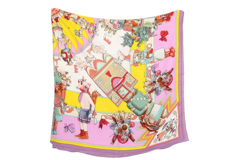 Hermes Kachinas Stole Scarf 140, Pink and Multicolor Cashmere with Silk, As New No Dustbag WA001 Hermes Kachinas Stole Scarf 140, Pink and Multicolor Cashmere with Silk, As New No Dustbag WA001