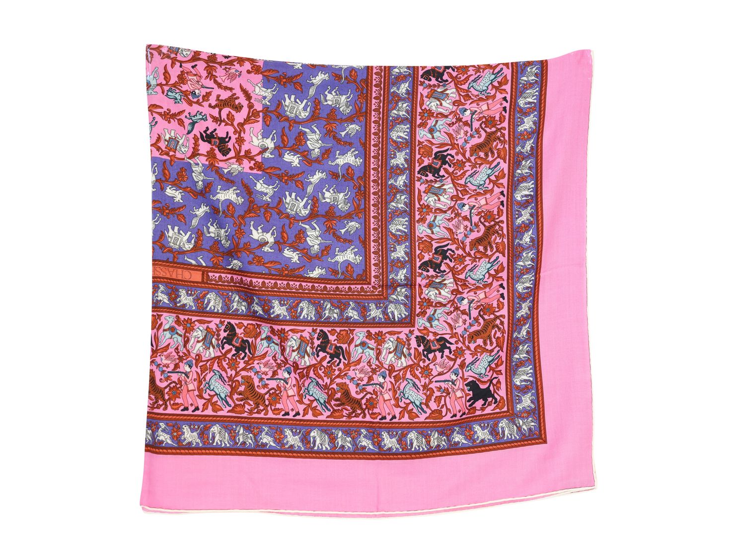 Hermes Chasse En Inde Stole Scarf 140, Pink Cashmere with Silk, As New No Dustbag WA001
