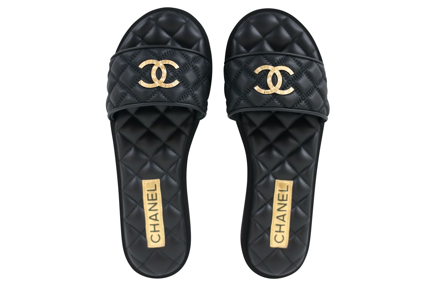 Chanel CC Flat Mules, Black Quilted Lambskin and Gold Hardware, Size 38, New in Box WA001